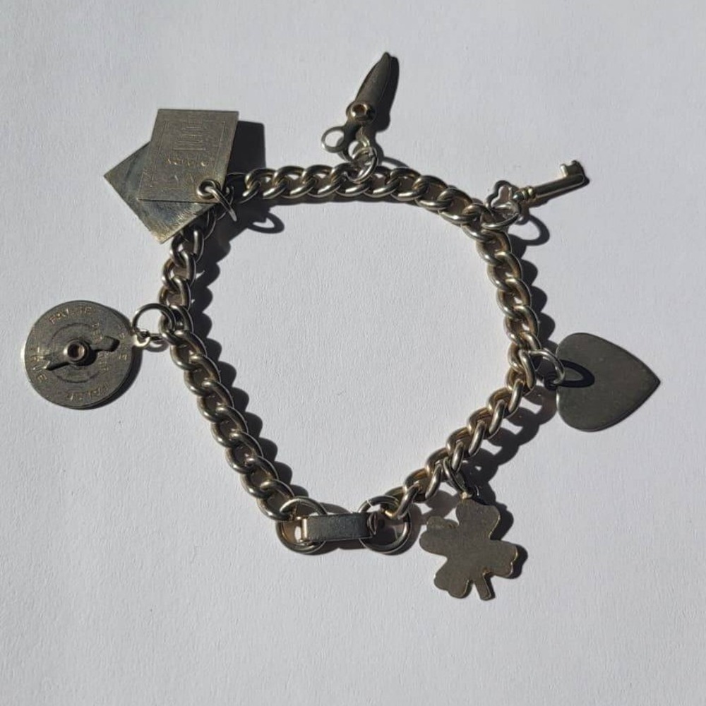 Vintage WWII Era Novelty Charm Bracelet Silver Tone Mechanical Spinners